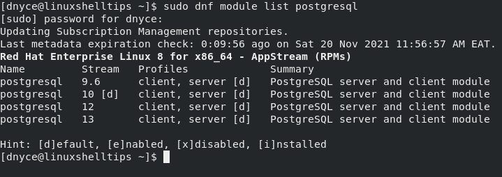 List PostgreSQL Yum Module