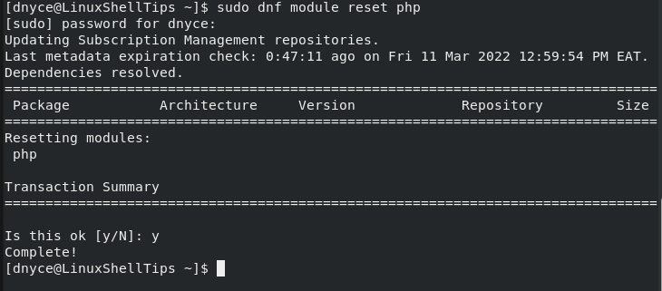 Reset PHP Yum Module