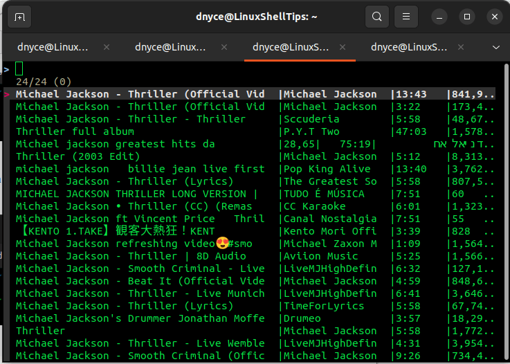 List of Youtube Videos in Linux Terminal
